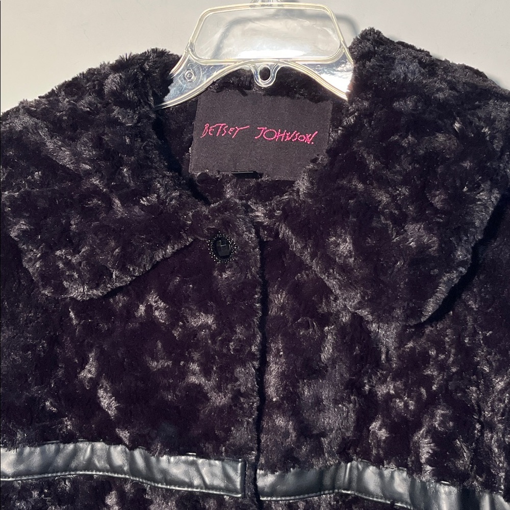 BETSEY JOHNSON Penny Lane Faux Mongolian Fur/Leather Mod Wide Collar BLK Coat S - Picture 2 of 16